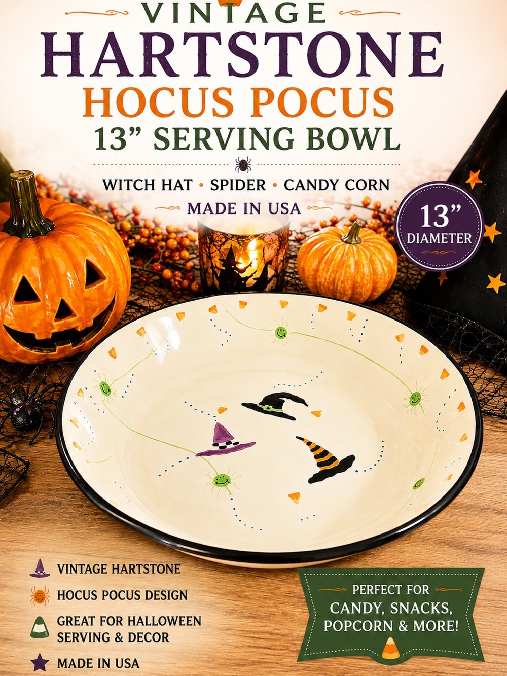 Vintage Hartstone Hocus Pocus Halloween 13” Serving Bowl Witch Hats USA